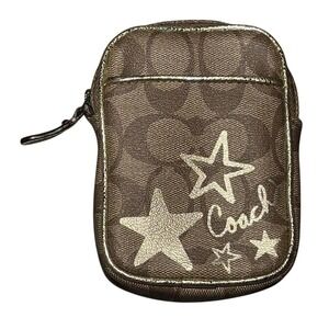 Coach Brown Tan Signature "C"‎ Wristlet with Flower Accent